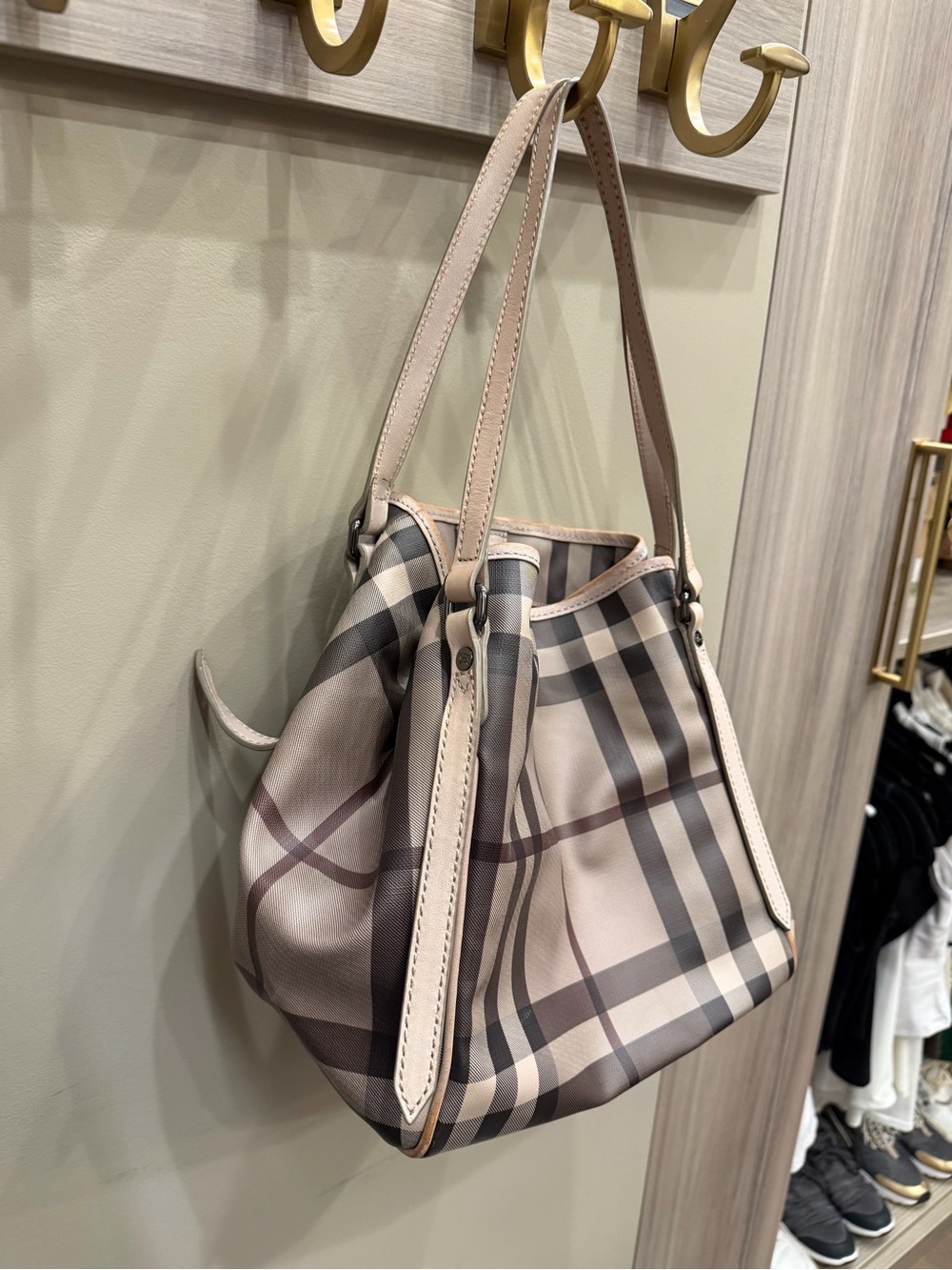 Like New preowned Burberry Beige Plaid Leather-Trim Shoulder Bag